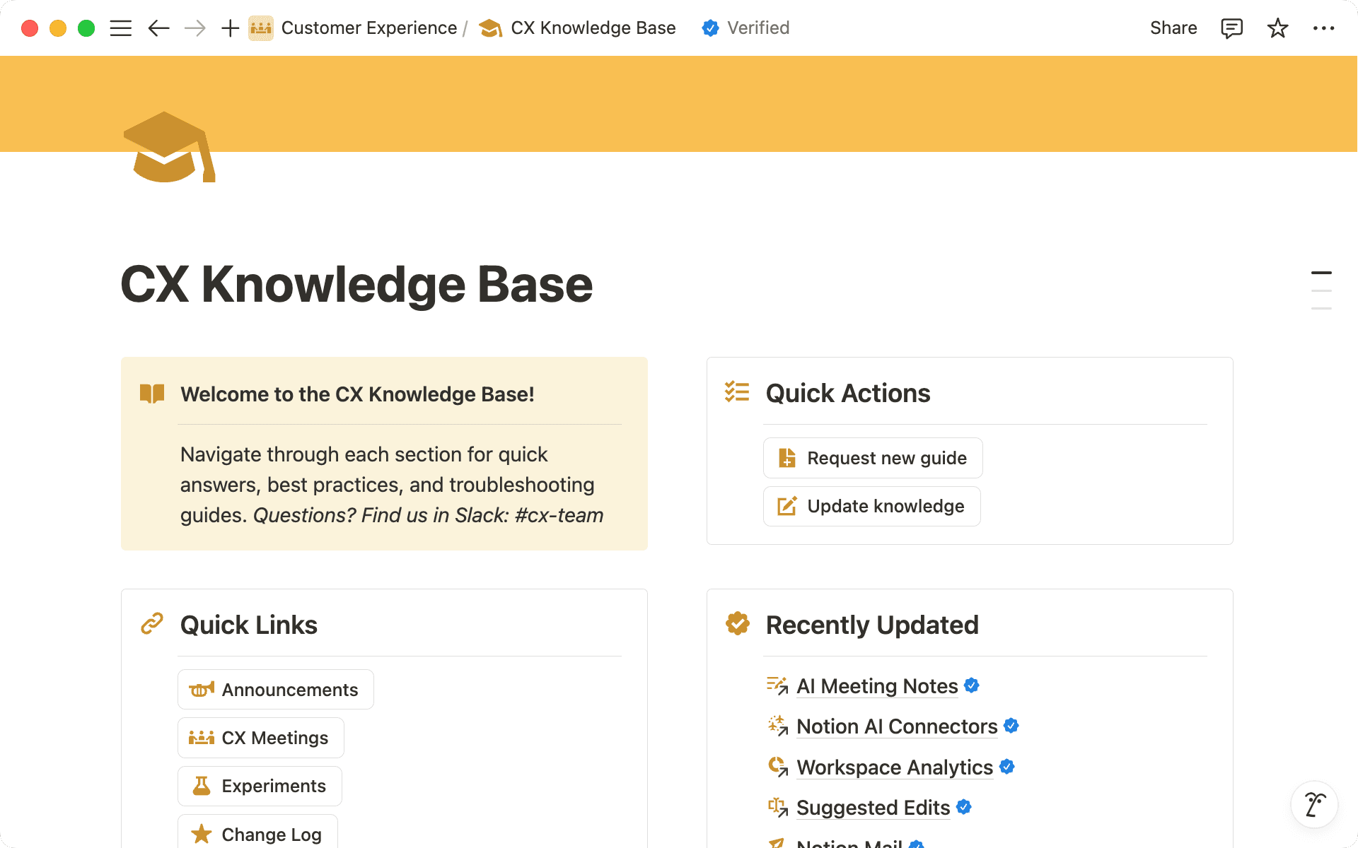 The CX Knowledge Base in all its glory. Quick Action buttons create new tasks for the team to tackle, while Quick Links lead to often-used pages.